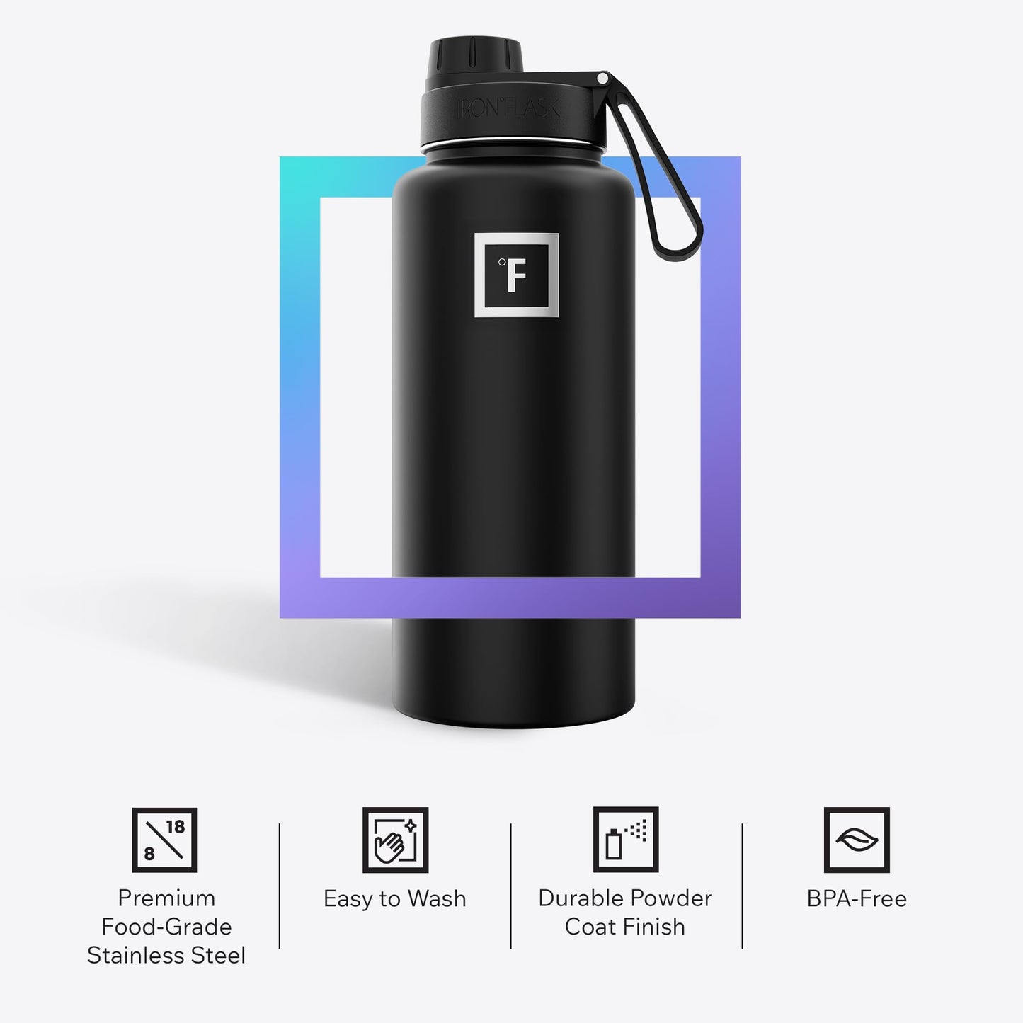 IRON °FLASK Camping & Hiking Hydration Flask with Straw, Wide Mouth Insulated Stainless Steel Sports Water Bottle - Midnight Black 24 oz - Straw (1 Lid)