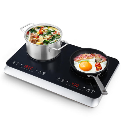 COOKTRON Double Induction Cooktop Burner with Fast Warm-Up Mode, 1800w 2 Burner with 10 Temperature 9 Power Settings, Portable Dual Induction Cooker Cooktop with Child Safety Lock & Time