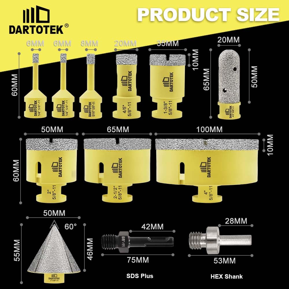 Diamond Core Drill Bits Set for Tile, DARTOTEK 10PCS Porcelain Hole Saw Kit with Aluminum Case, (6/6/8/20/35/50/65mm+2" Chamfer bit +SDS Adapter, Dry/Wet Drilling for Ceramic, Granite & Marble