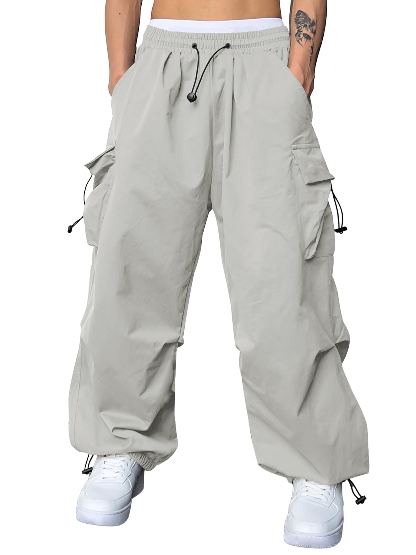 JMIERR Mens Loose Fit Drawstring Y2K Baggy Parachute Cargo Pants | Harem Joggers, Utility Flap, Deep Side Pockets, Elastic Waistband, Adjustable Hem, Streetwear, Casual Wear, Outdoor Hiking