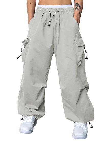 JMIERR Mens Loose Fit Drawstring Y2K Baggy Parachute Cargo Pants | Harem Joggers, Utility Flap, Deep Side Pockets, Elastic Waistband, Adjustable Hem, Streetwear, Casual Wear, Outdoor Hiking