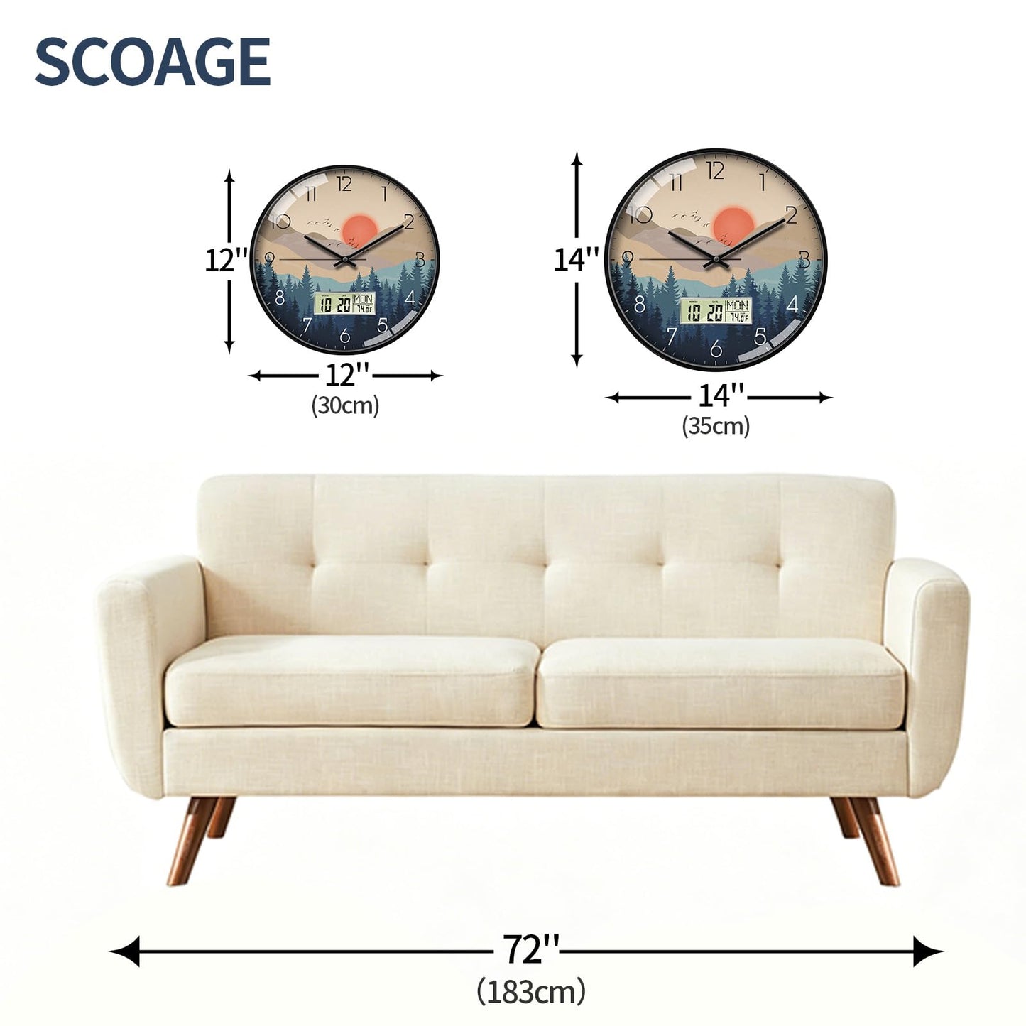 Wilderness Sunset Wall Clock, 12 Inch Silent Non-Ticking Battery Operated Analog Clock with LCD Date Day Temp Display, Decorative for Living Room, Bedroom, Kitchen, Office, Farmhouse, Cabin