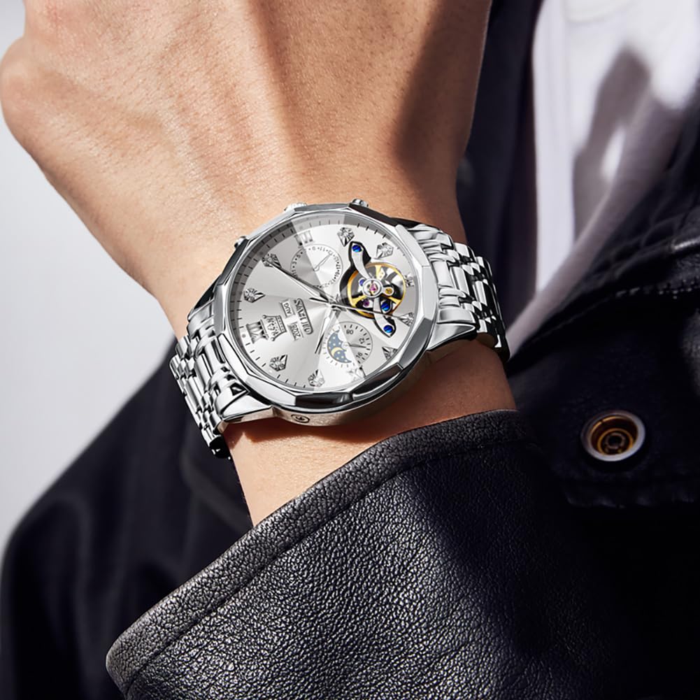 OLEVS Skeleton Men Watches Automatic Business Luxury Diamond Self Winding Watch for Men Stainless Steel Calendar Wrist Watch