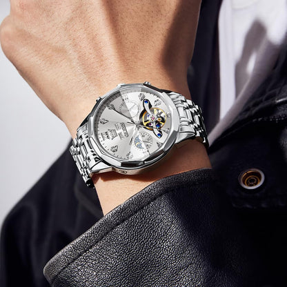 OLEVS Skeleton Men Watches Automatic Business Luxury Diamond Self Winding Watch for Men Stainless Steel Calendar Wrist Watch