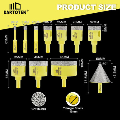 Diamond Core Drill Bits Set for Tile, DARTOTEK 10PCS Porcelain Hole Saw Kit with Aluminum Case, (6/6/8/20/35/50/65mm+2" Chamfer bit +SDS Adapter, Dry/Wet Drilling for Ceramic, Granite & Marble
