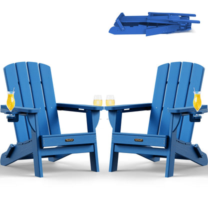 Folding Adirondack Chair, HDPE Adirondack Chairs with 2 Cup Holder, Plastic All-Weather Fire Pit Chairs, Outdoor Lawn Chair for Patio Garden (Grey)