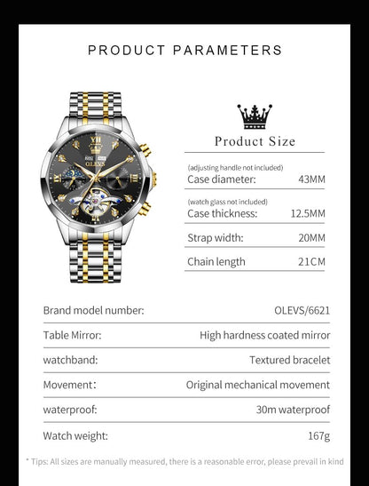 OLEVS Skeleton Men Watches Automatic Business Luxury Diamond Self Winding Watch for Men Stainless Steel Calendar Wrist Watch