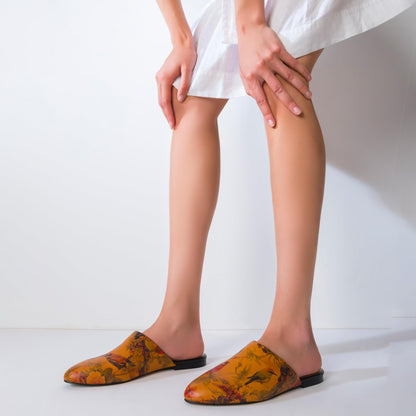 JATAREA Women's Flat Mules | Round Toe Genuine Printed Leather Slip-Ons for Any Summer Outing Shoes