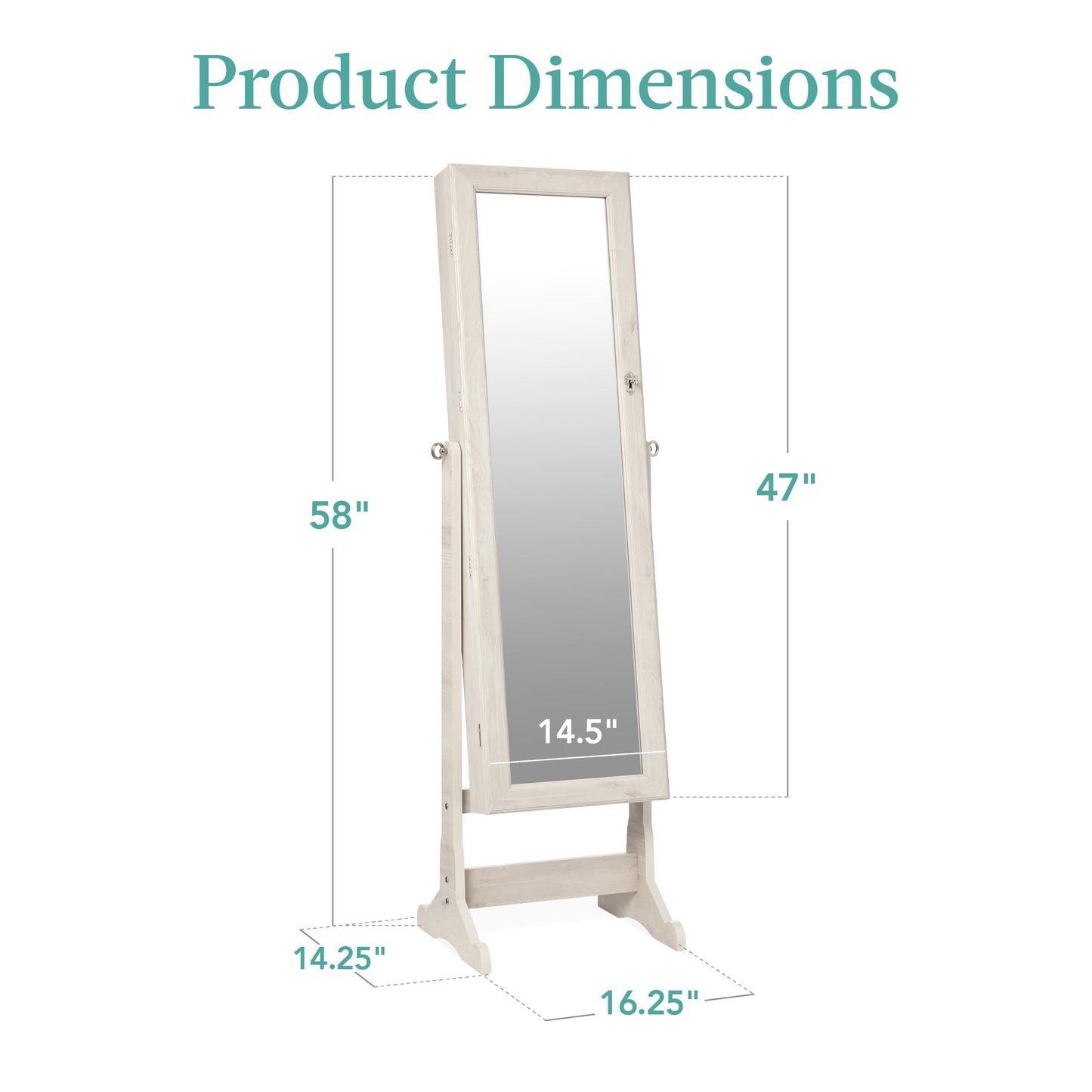 Best Choice Products Freestanding Jewelry Armoire Cabinet, Full Length Standing Mirror, Lockable Makeup Storage Organizer, w/Velvet Lining, 3 Angles, Lock, Accessory Pouch, 5 Shelves - White