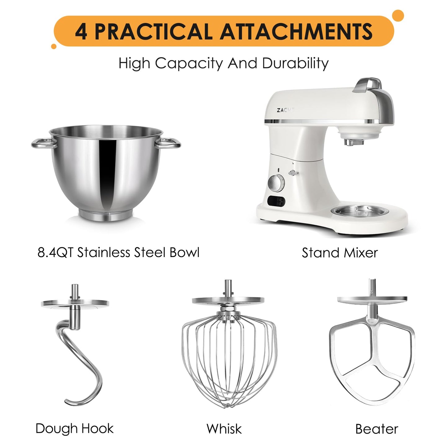 8.4QT Commercial Stand Mixer 800W with Aluminum Die Casting Meets the Standard of NSF/ANSI 8-2023, Mixers Kitchen Electric Stand Mixer with Stainless Steel 8L Bowl, Dough Hook, Whisk and Beater