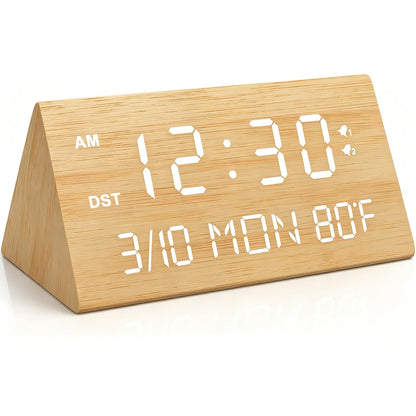 Kogonee Wooden Digital Alarm Clock, 0-100% Dimmer, 2 Alarm Settings, Weekday/Everyday Mode, 9 Mins Snooze, 12/24H, Temperature and Date Display for Office, Travel, Bedroom Alarm Clock (Brown)