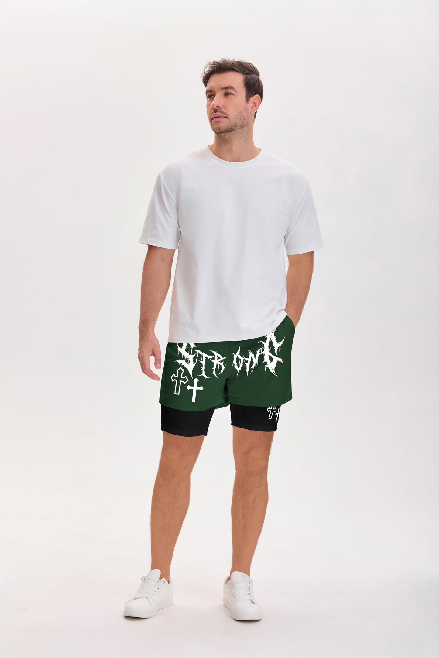 QJQ Men's 2 in 1 Goth Graphic Drawstring Elastic Waist Shorts Summer Casual Workout Athletic Gym Track Shorts