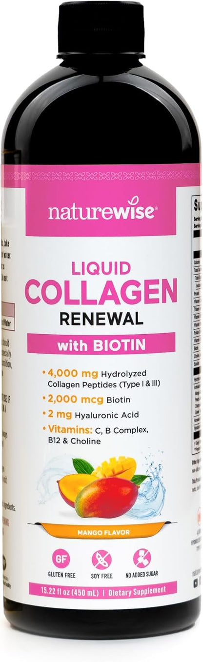 NatureWise Hydrolyzed Liquid Collagen for Women & Men 4000mg - High Absorption, Type 1 & 3 Peptides with Biotin + Vitamin C + Vitamin B Complex & Hyaluronic Acid -Mixed Berry - 10 Tubes[10 Day Supply]