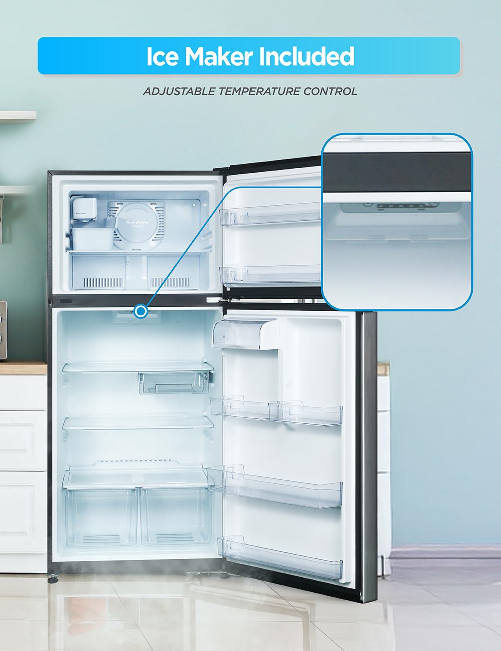 Commercial Cool 20 Cu. Ft. Top Mount Refrigerator with Freezer, 2-Door Refrigerator with Top Freezer and Adjustable Temperature Control, Ice Maker Ready, Energy Star Certified, Stainless Look