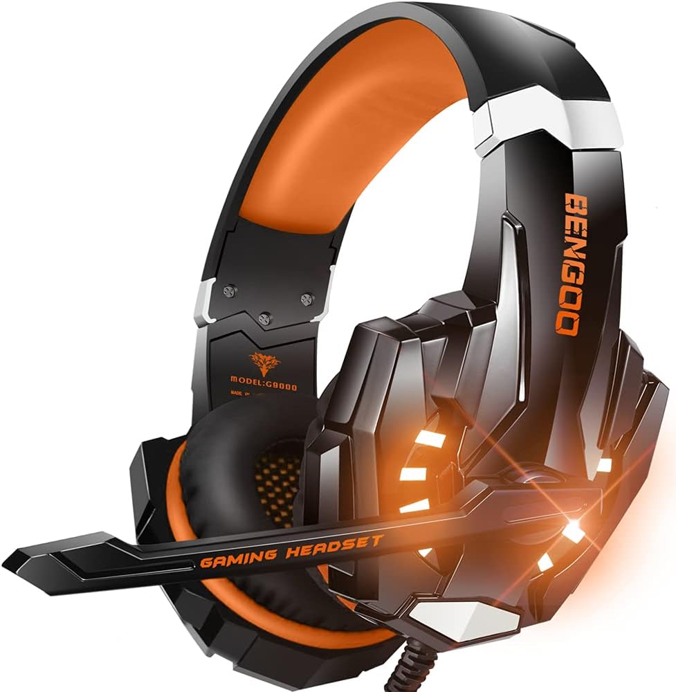 BENGOO G9000 Stereo Gaming Headset for PS4 PC Xbox One PS5 Controller, Noise Cancelling Over Ear Headphones with Mic, LED Light, 7.1 Surround Sound, Soft Memory Earmuffs for Nintendo Xbox Series X|S