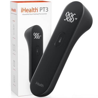 iHealth No-Touch Digital Forehead Thermometer for Adults, Babies, Kids, 3 Ultra-Sensitive Sensors, Quiet Vibration Feedback, Large LED Digits, Easy to Use for Home, PT3 Black