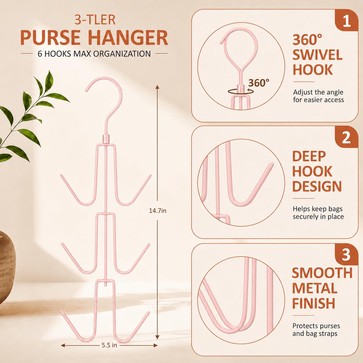 ZEDODIER 2 Pack Purse Organizer for Closet, Heavy-Duty Hanging Purse Hanger Closet Holds Up to 12 Purses, Metal Rotating Space Saving Bag Holder Handbag Storage Hook Backpack Rack, Silver