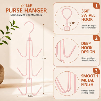 ZEDODIER 2 Pack Purse Organizer for Closet, Heavy-Duty Hanging Purse Hanger Closet Holds Up to 12 Purses, Metal Rotating Space Saving Bag Holder Handbag Storage Hook Backpack Rack, Silver