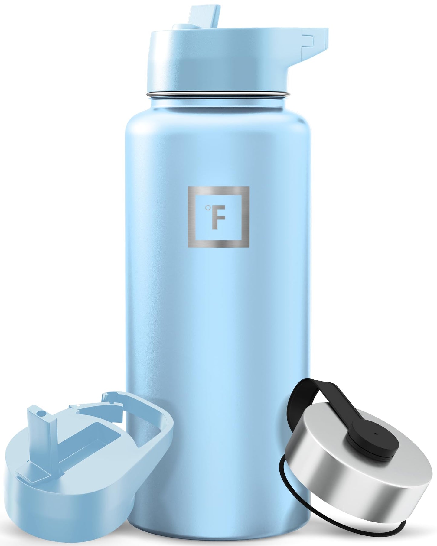 IRON °FLASK Camping & Hiking Hydration Flask with Straw, Wide Mouth Insulated Stainless Steel Sports Water Bottle - Midnight Black 24 oz - Straw (1 Lid)
