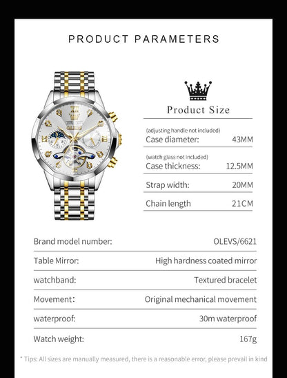 OLEVS Skeleton Men Watches Automatic Business Luxury Diamond Self Winding Watch for Men Stainless Steel Calendar Wrist Watch