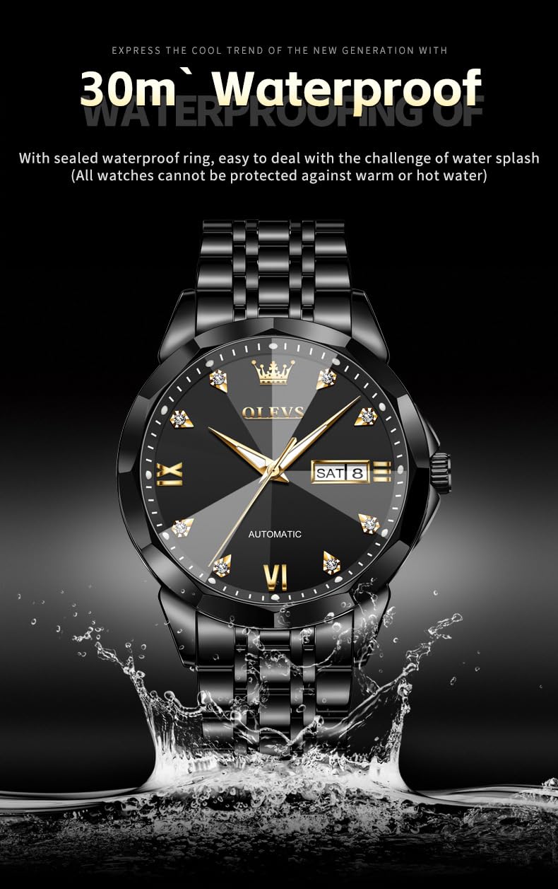 OLEVS Skeleton Men Watches Automatic Business Luxury Diamond Self Winding Watch for Men Stainless Steel Calendar Wrist Watch