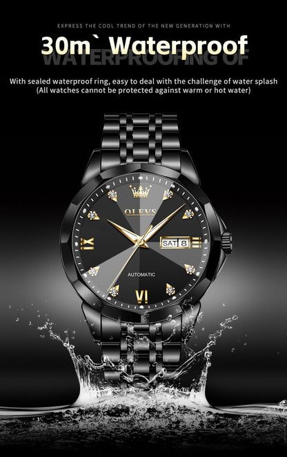 OLEVS Skeleton Men Watches Automatic Business Luxury Diamond Self Winding Watch for Men Stainless Steel Calendar Wrist Watch