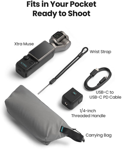Xtra Muse, Vlogging Camera with 1'' CMOS & 4K/120fps Videos, Pocket Camera with 3-Axis Gimbal Stabilizer, Fast Focusing, Face/Object Tracking, Digital Video Camera for Photography, Digital Camera