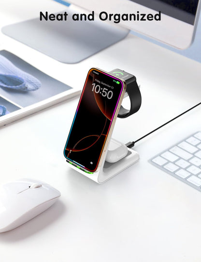 JoyGeek 3 in 1 Charging Station for Apple Devices, Wireless Charger Stand for iPhone 17/16/15/14/13/12/11/SE/X Pro Max Plus - Apple Watch 11/10/9/Ultra 2/8/SE/7/6/5 - AirPods Pro 2/3/2