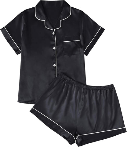 LILLUSORY Silk Satin Pajama Set for Women 2 Piece Lounge Pjs Winter Matching Summer Sleepwear Button Down Shirt Shorts