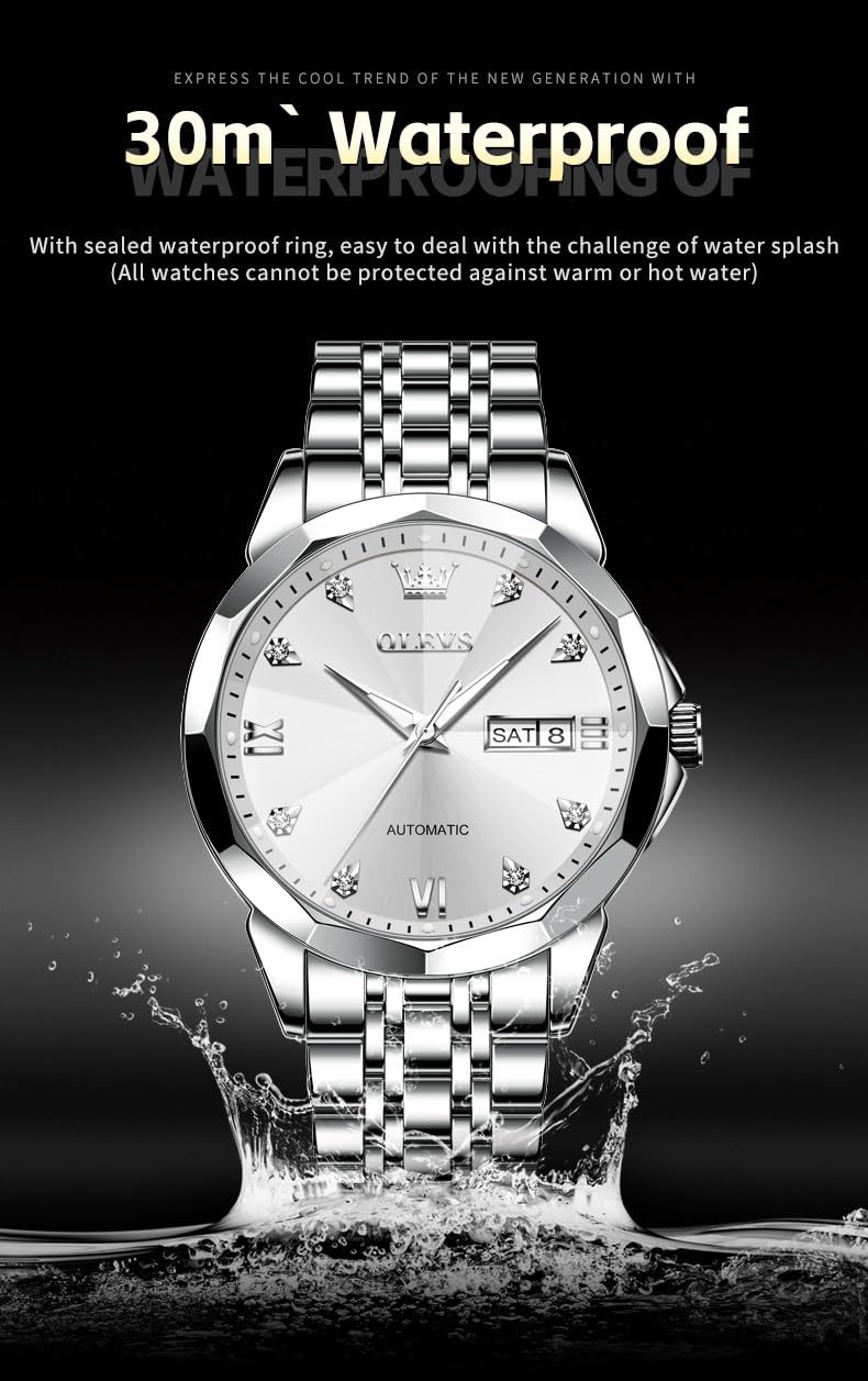 OLEVS Skeleton Men Watches Automatic Business Luxury Diamond Self Winding Watch for Men Stainless Steel Calendar Wrist Watch