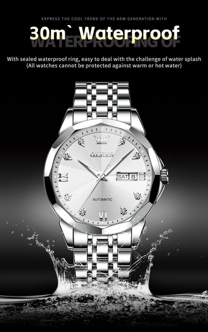 OLEVS Skeleton Men Watches Automatic Business Luxury Diamond Self Winding Watch for Men Stainless Steel Calendar Wrist Watch