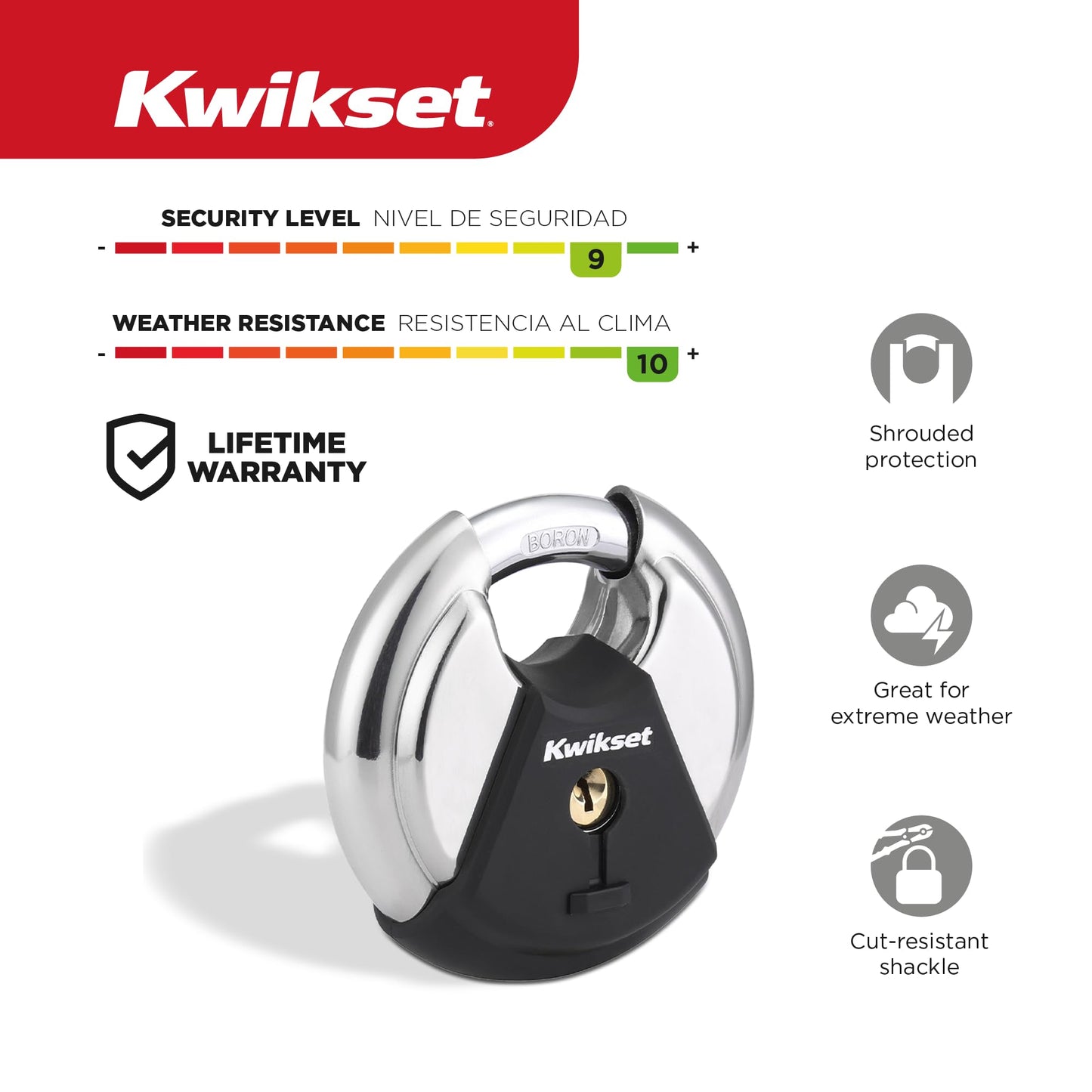 Kwikset Discus Padlock with Boron Carbide Shackle, High Security Outdoor Storage and Gate Lock, 2-3/4 in Body, 1 Pack, Silver