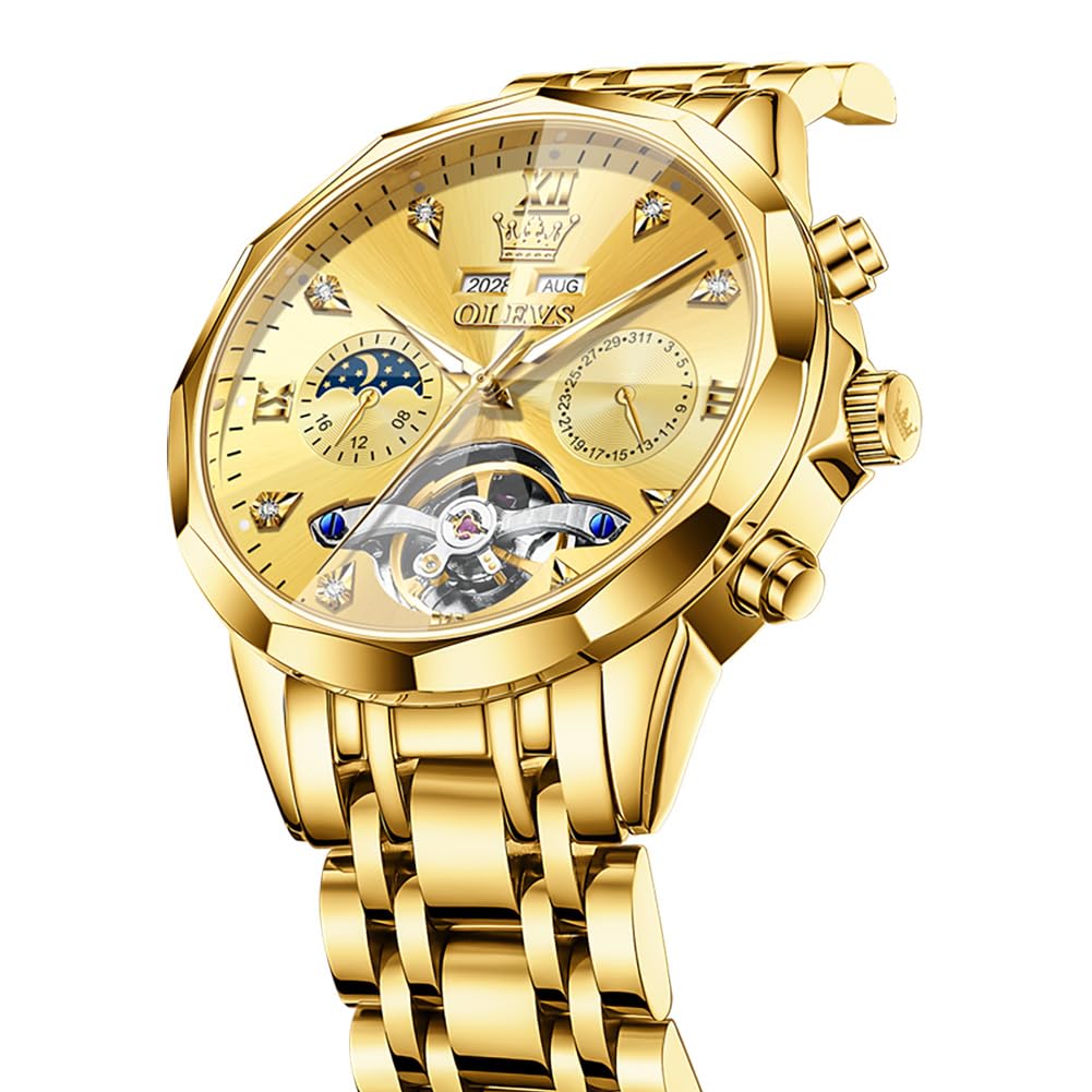 OLEVS Skeleton Men Watches Automatic Business Luxury Diamond Self Winding Watch for Men Stainless Steel Calendar Wrist Watch