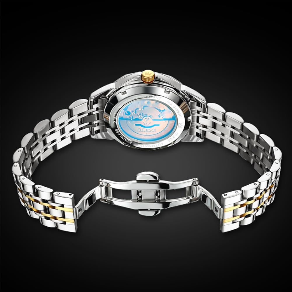 OLEVS Skeleton Men Watches Automatic Business Luxury Diamond Self Winding Watch for Men Stainless Steel Calendar Wrist Watch
