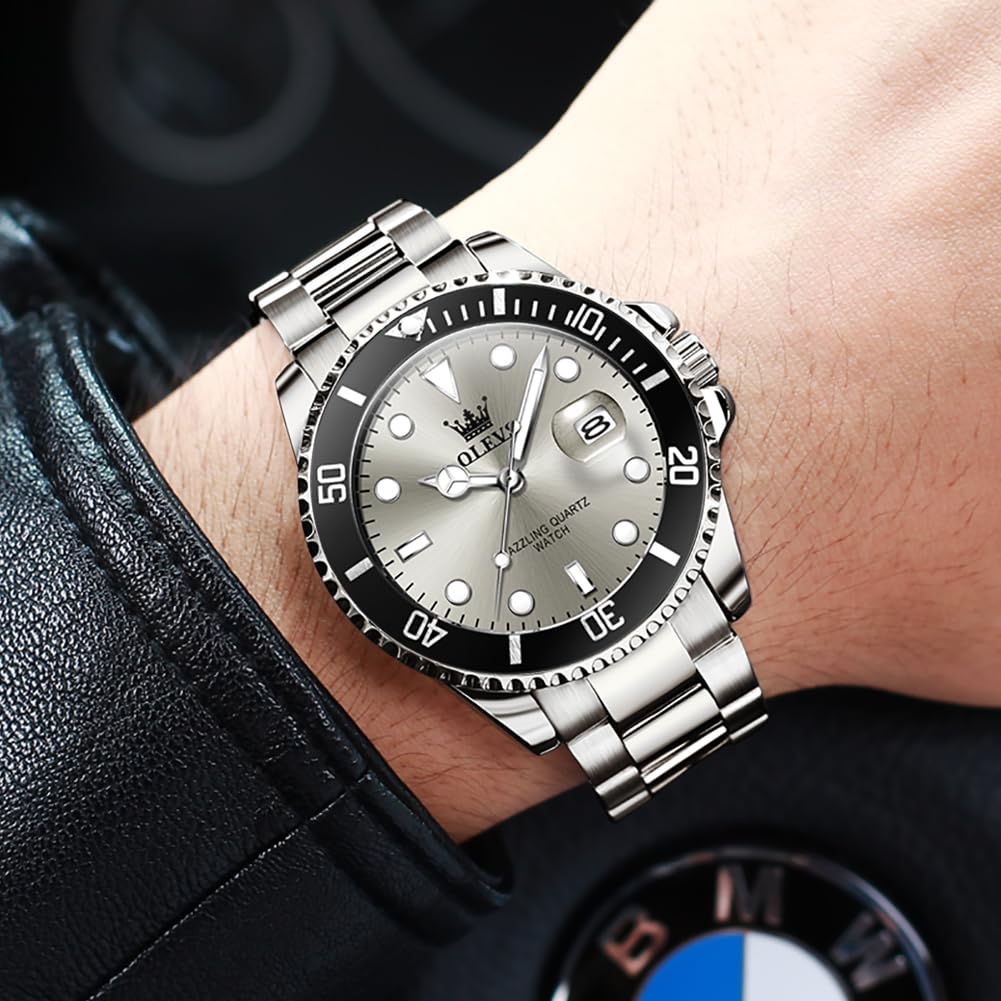 OLEVS Luxury Watches for Men Big Face Stainless Steel Business Dress Analog Quartz Watch with Day Waterproof Luminous Mens Wrist Watch