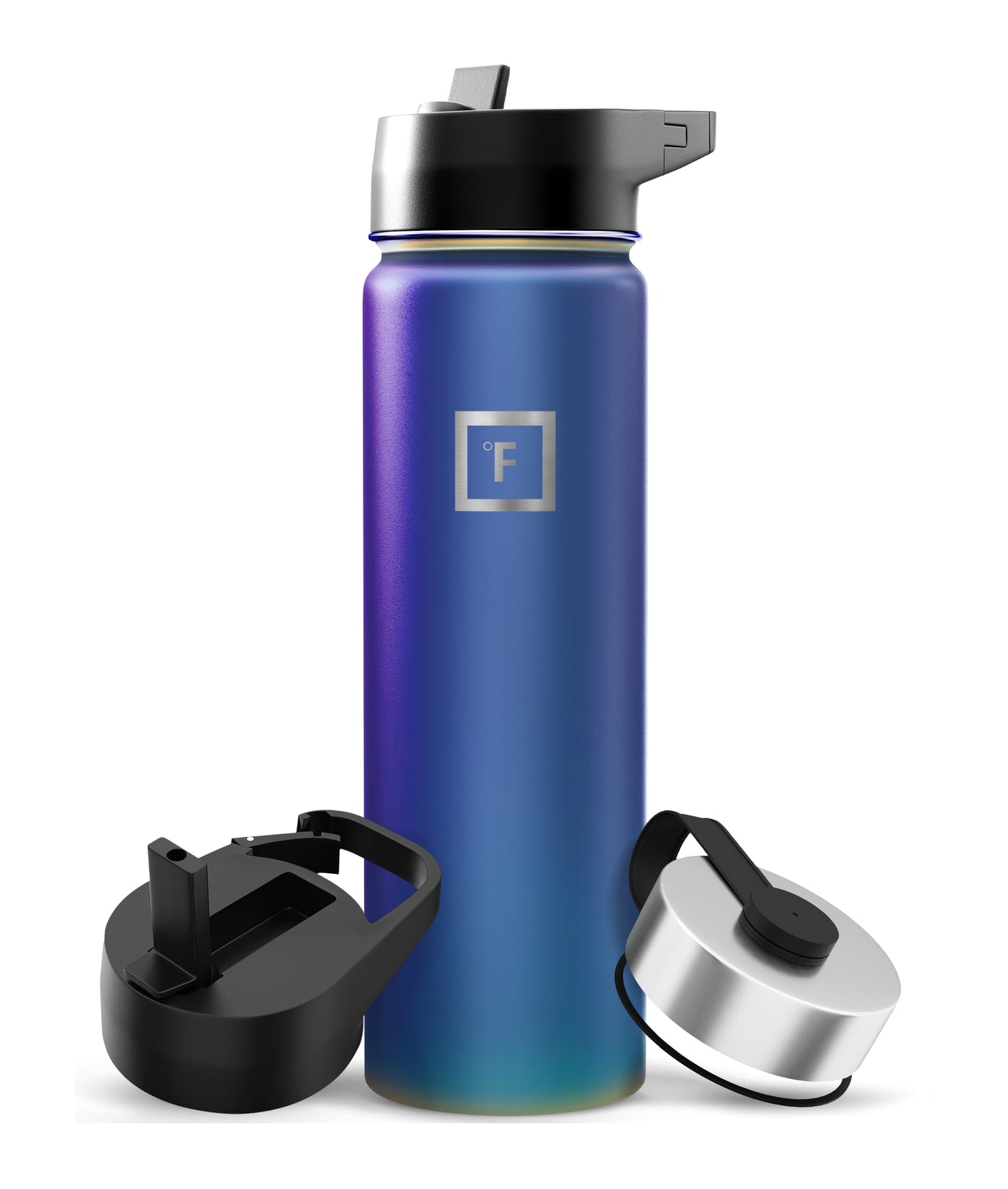 IRON °FLASK Camping & Hiking Hydration Flask with Straw, Wide Mouth Insulated Stainless Steel Sports Water Bottle - Midnight Black 24 oz - Straw (1 Lid)