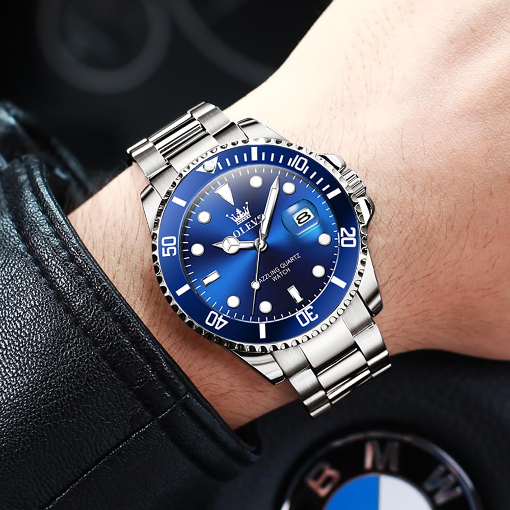 OLEVS Luxury Watches for Men Big Face Stainless Steel Business Dress Analog Quartz Watch with Day Waterproof Luminous Mens Wrist Watch