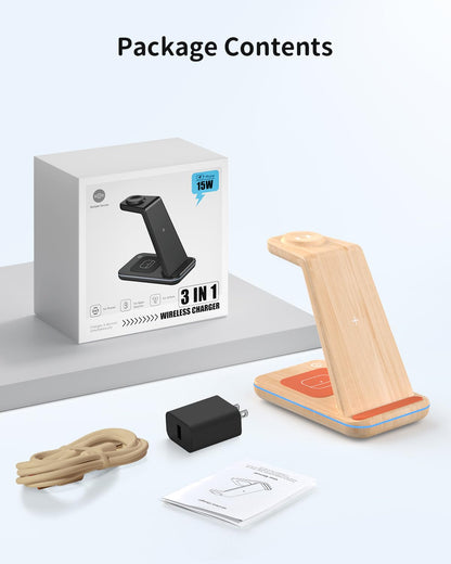 JoyGeek 3 in 1 Charging Station for Apple Devices, Wireless Charger Stand for iPhone 17/16/15/14/13/12/11/SE/X Pro Max Plus - Apple Watch 11/10/9/Ultra 2/8/SE/7/6/5 - AirPods Pro 2/3/2