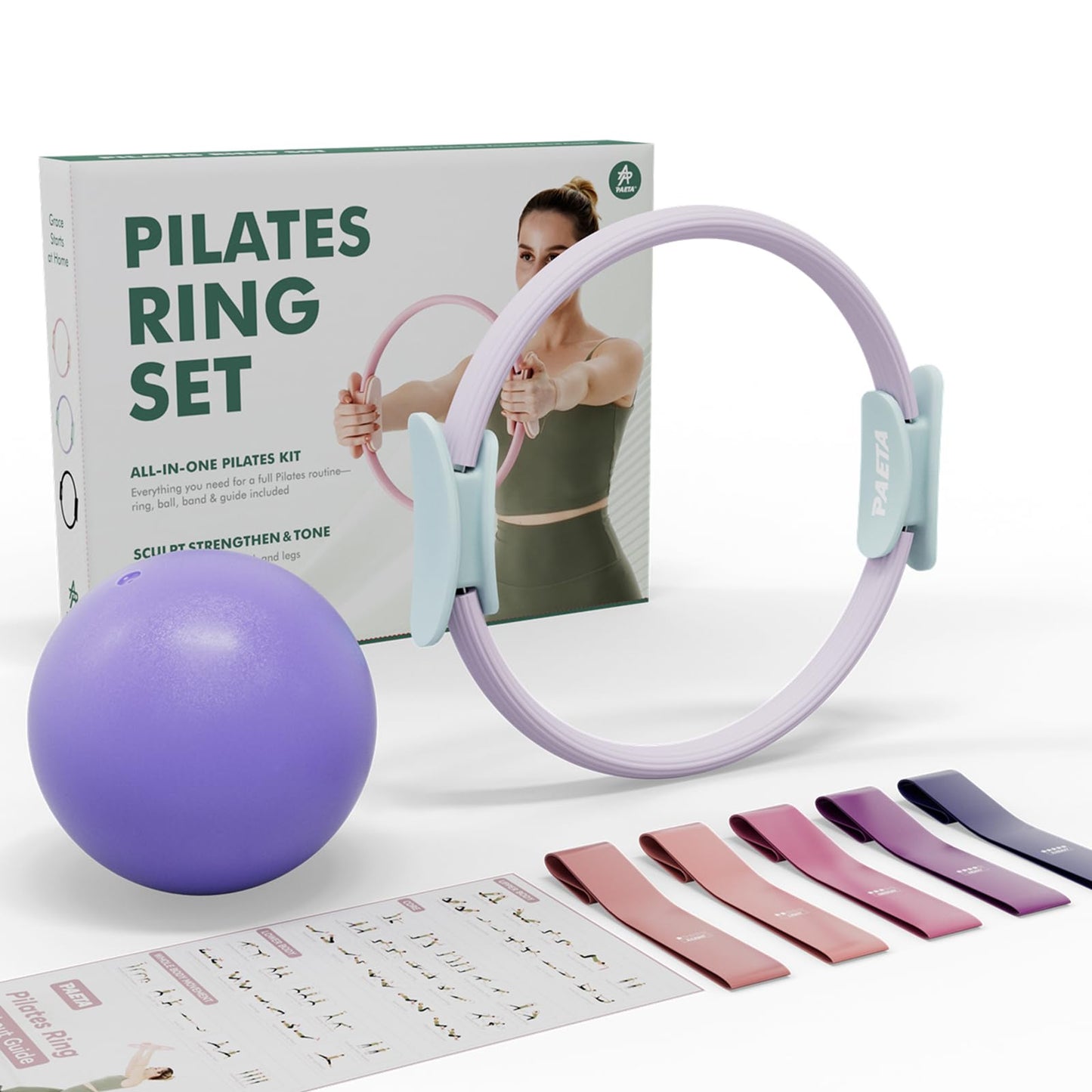 PAETA Pilates Ring Set – 14” Magic Circle (38 lbs Resistance), 9.8” Pilates Ball, 5 Resistance Bands, and Exercise Guide Included for Home Workouts