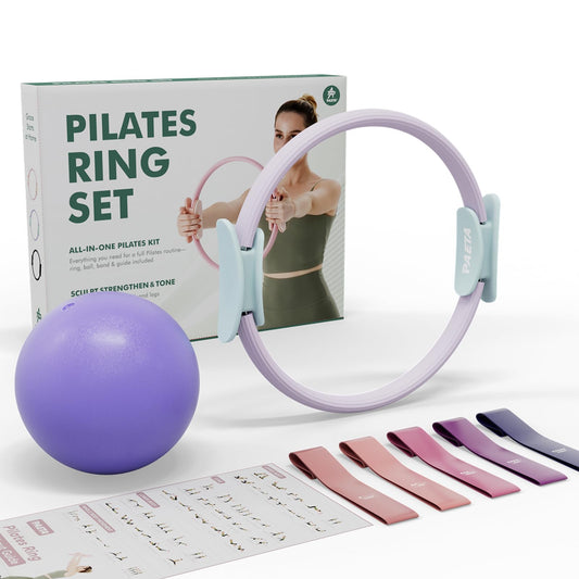PAETA Pilates Ring Set – 14” Magic Circle (38 lbs Resistance), 9.8” Pilates Ball, 5 Resistance Bands, and Exercise Guide Included for Home Workouts
