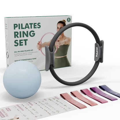 PAETA Pilates Ring Set – 14” Magic Circle (38 lbs Resistance), 9.8” Pilates Ball, 5 Resistance Bands, and Exercise Guide Included for Home Workouts