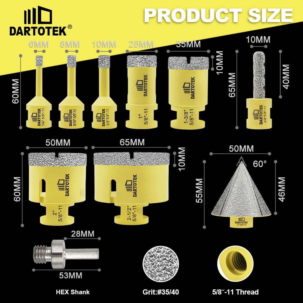 Diamond Core Drill Bits Set for Tile, DARTOTEK 10PCS Porcelain Hole Saw Kit with Aluminum Case, (6/6/8/20/35/50/65mm+2" Chamfer bit +SDS Adapter, Dry/Wet Drilling for Ceramic, Granite & Marble