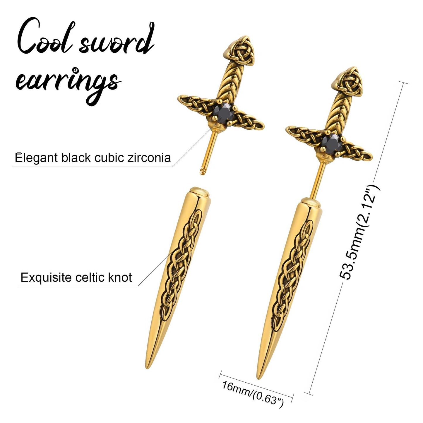 Hisatan Sword Earrings for Men Women, Stainless Steel Gothic Dagger Celtic Knot Irish Studs Earrings, Cool Punk Hip Pop Cubic Zirconia Dangle Goth Screw Spike Earring Jewelry
