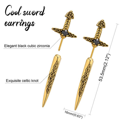 Hisatan Sword Earrings for Men Women, Stainless Steel Gothic Dagger Celtic Knot Irish Studs Earrings, Cool Punk Hip Pop Cubic Zirconia Dangle Goth Screw Spike Earring Jewelry