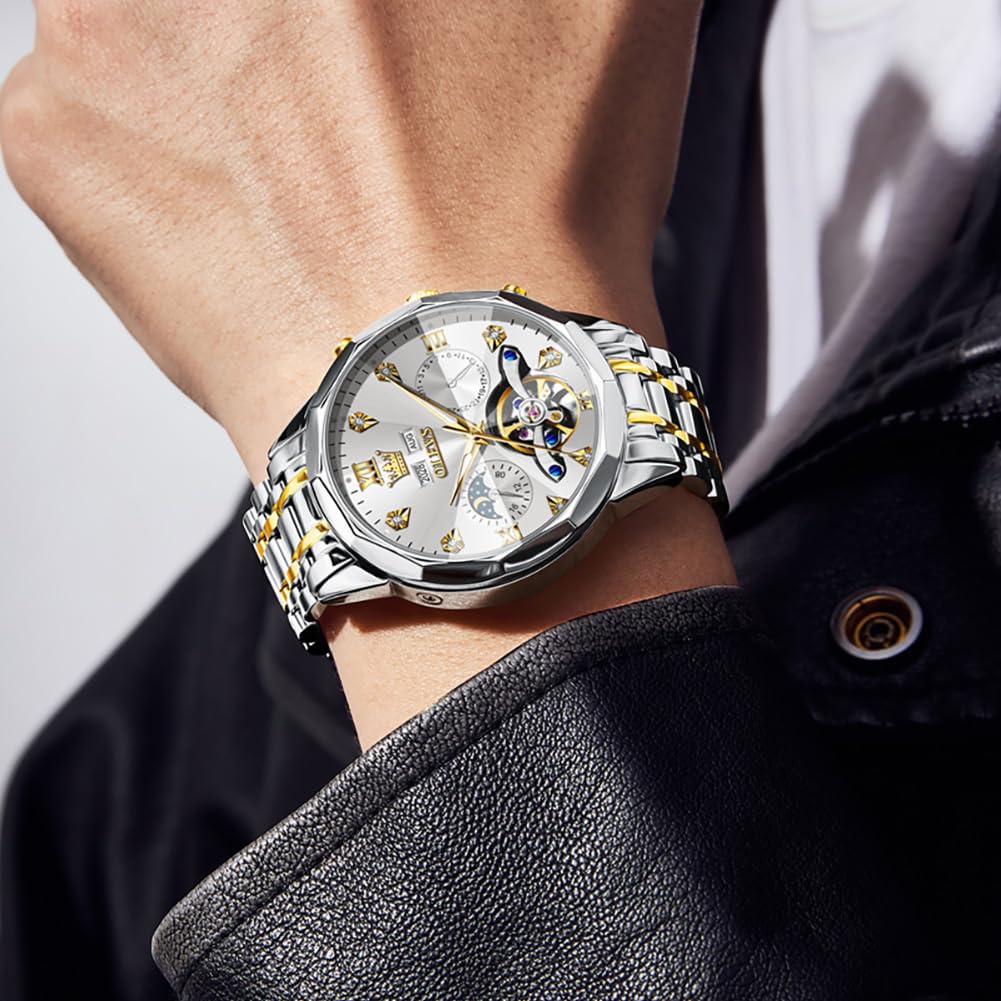 OLEVS Skeleton Men Watches Automatic Business Luxury Diamond Self Winding Watch for Men Stainless Steel Calendar Wrist Watch