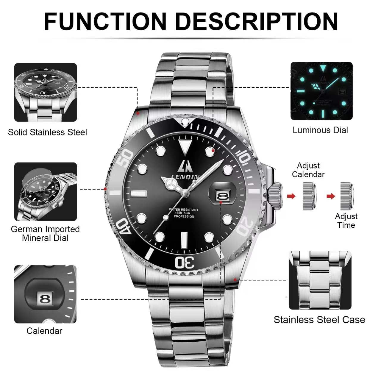 LN LENQIN Mens Watches Stainless Steel Waterproof Analog Quartz Watch for Men with Date Luminous Fashion Wristwatch