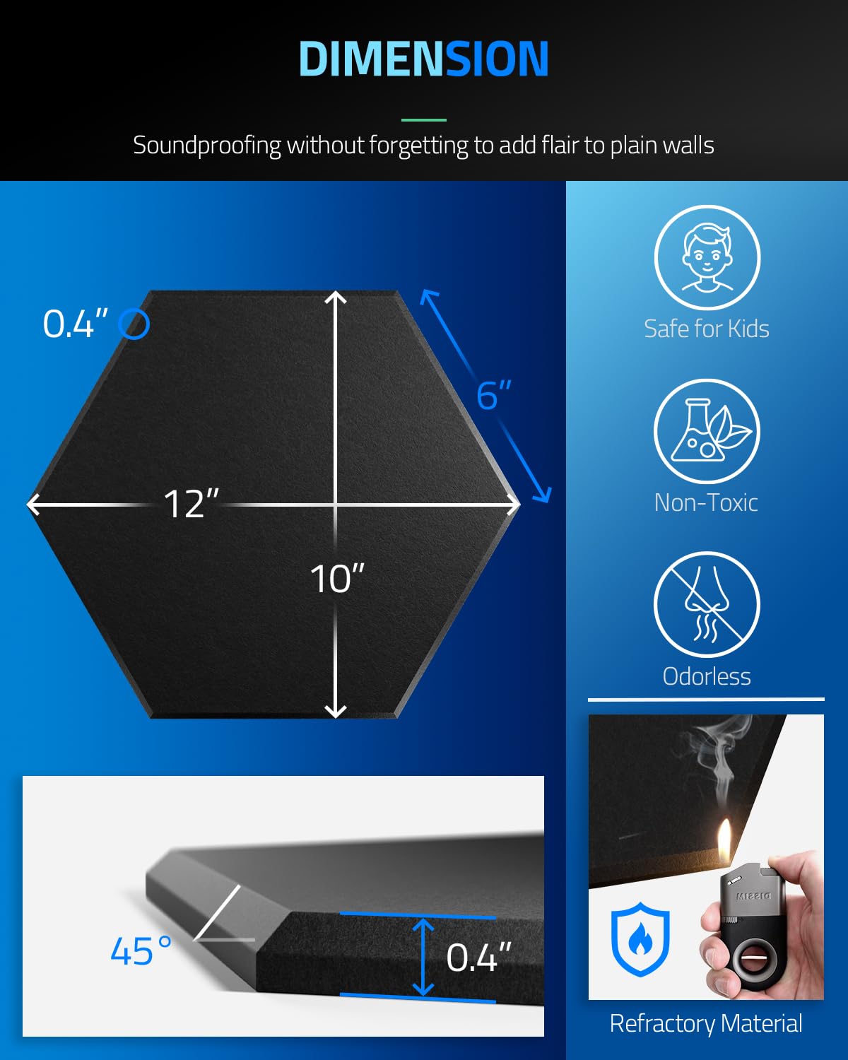 ZenSonic 12 Pack Self-adhesive Sound Proof Foam Panels for Walls 12" X 10" X 0.4" - Hexagon Acoustic Panels with Fiber Optic Starlight, Stylish Soundproof Wall Panels Absorb Noise and Wall Decor Black