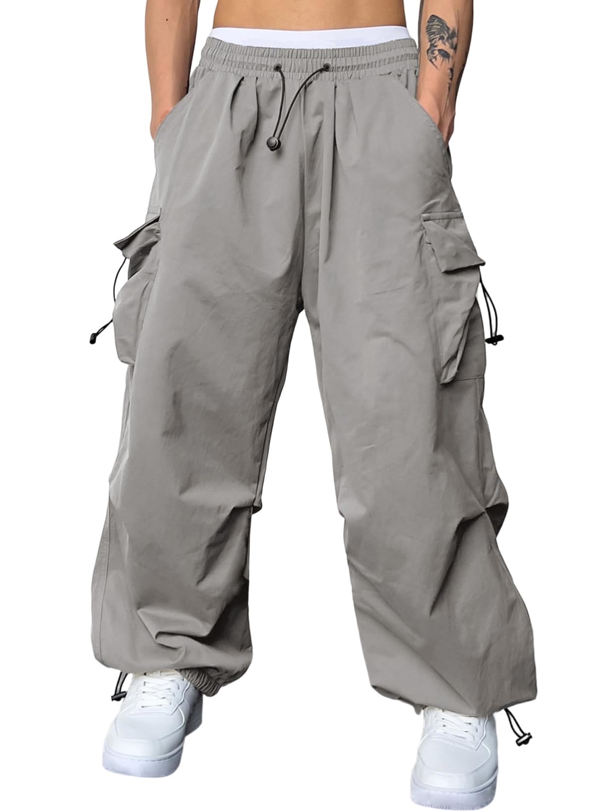 JMIERR Mens Loose Fit Drawstring Y2K Baggy Parachute Cargo Pants | Harem Joggers, Utility Flap, Deep Side Pockets, Elastic Waistband, Adjustable Hem, Streetwear, Casual Wear, Outdoor Hiking