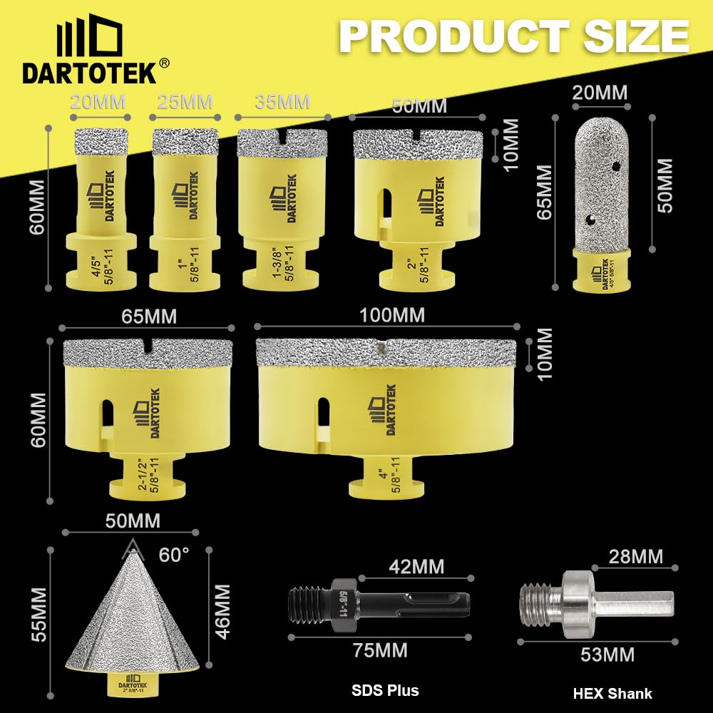 Diamond Core Drill Bits Set for Tile, DARTOTEK 10PCS Porcelain Hole Saw Kit with Aluminum Case, (6/6/8/20/35/50/65mm+2" Chamfer bit +SDS Adapter, Dry/Wet Drilling for Ceramic, Granite & Marble