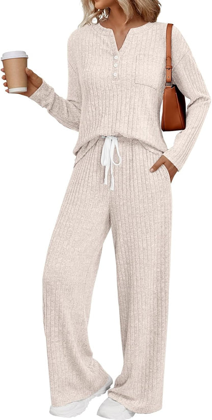 LILLUSORY Women's 2 Piece Matching Lounge Sets 2026 Trendy Fall Outfits | Long Sleeve Henley Top & Drawstring Wide Leg Pants with Pockets, Comfort Material, Travel Airport Vacation Cruise Sweat Suit